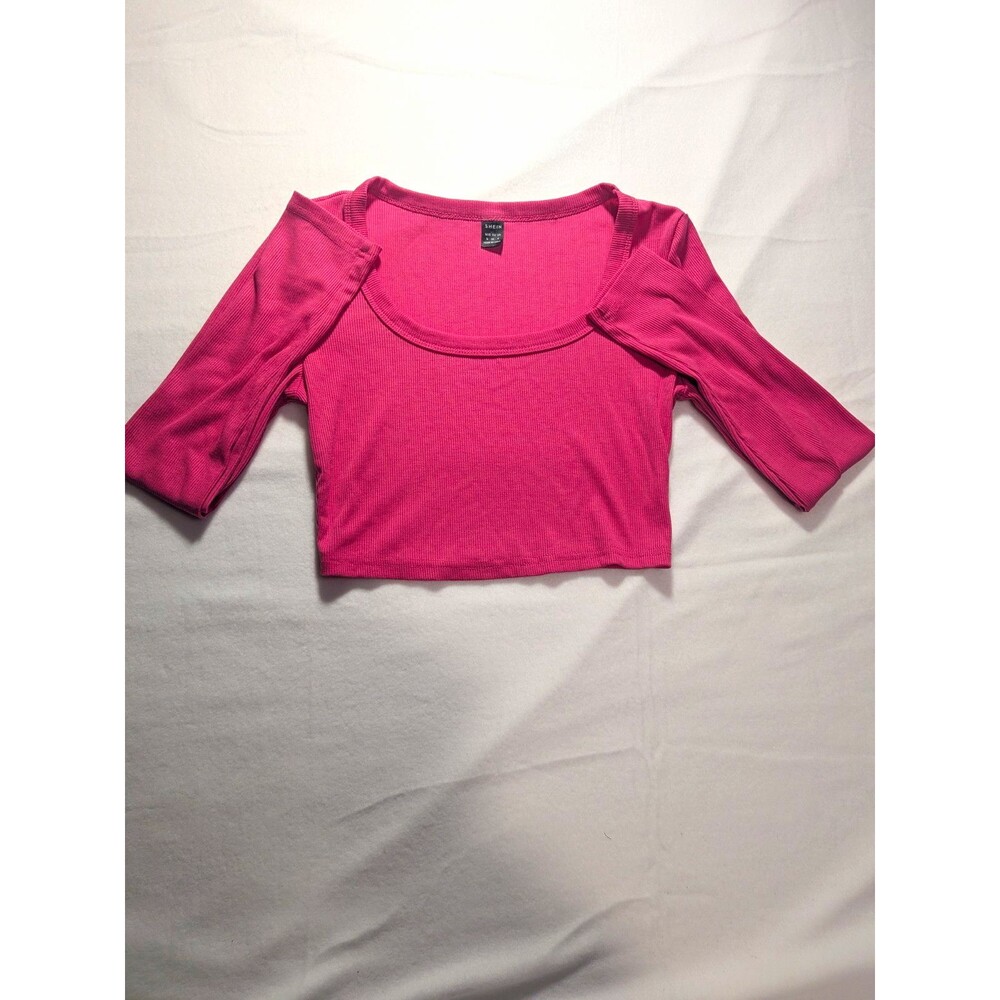 SHEIN Pink Solid Knit Square Neck Long Sleeve Cropped Pullover Top S